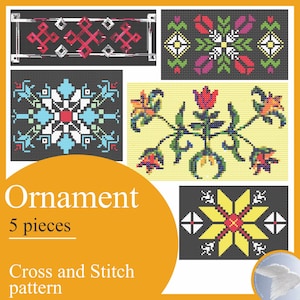 Ornament consisting of various regular geometric shapes and plant motifs Simple cross stitch pattern Instruction Embroidery