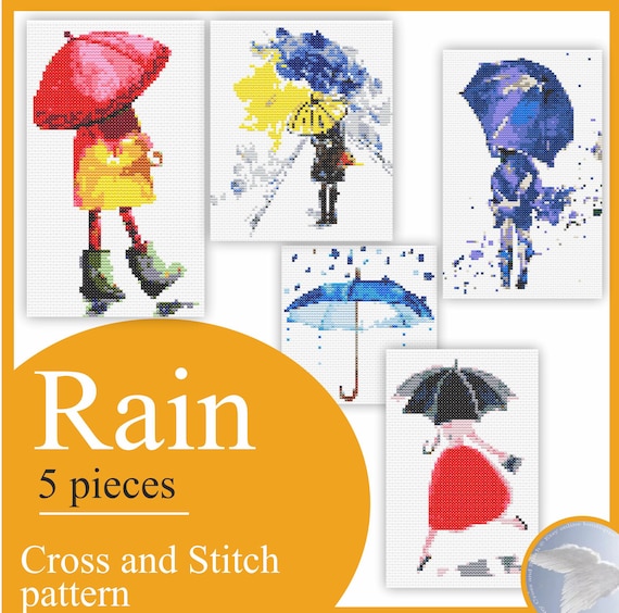 Un divertido dibujo de lluvia y una niña con paraguas. Patrón de punto de  cruz simple Instrucciones de bordado. -  España