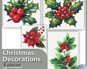 Weihnachtsschmuck: Weihnachtsstern, Weihnachtsstern und Tannenbaum. Kreuzstich Stickmuster Stickanleitung Leinwand.