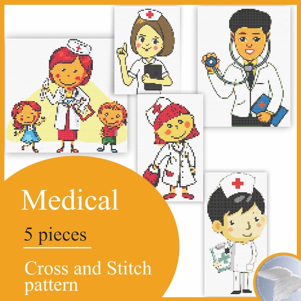 Stylized drawings of figures of medical workers, embroidered with a cross  Cross Stitch Pattern Embroidery Instruction Canvas