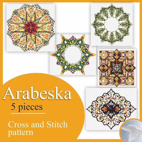 Arabeska is an ornament of a complex drawing made stylized plant or geometric motifs. Simple cross stitch pattern Instruction Embroidery.