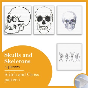 Scary Halloween Death Skulls And Skeletons Head Dancing Screaming Hollow White Black Minimalist Cross Stitch Pattern Instruction Embroidery