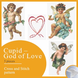 Cupid Love Angel White Wings Pure Holy Reproduction Ancient Tales Hearts Cross Stitch Pattern Instruction Embroidery