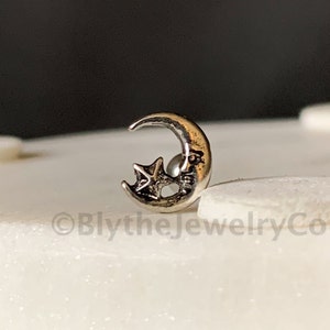 Crescent Moon and Star Cartilage Barbell Earring  Minimalist Dainty Celestial Earring