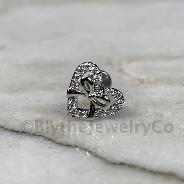 Heart with Ribbon Center Top on Internally Threaded Steel Flat Back Labret Stud. Heart with Shiny Gems Flat Back Stud