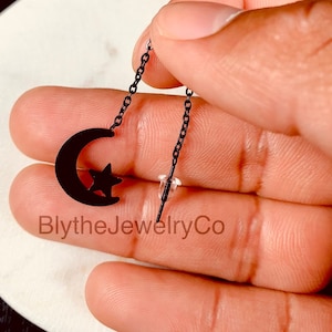Threader Earring, Black Moon and Star Free Falling Earring, Two Earring, Thin Chain Threader, Cartilage and Earlobe. Two Hole Drop Earring