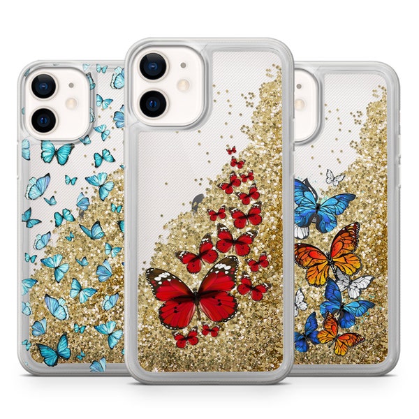 Butterfly Liquid Case Natural Glitter Gel Cover For iPhone All Models , Floating Gold, Quicksand, Waterfall