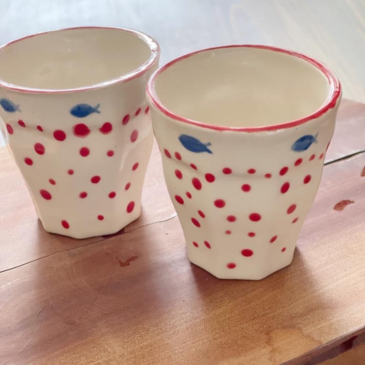 Handmade Ceramic Espresso Mug Set: Fish & Polka Dot Design - Etsy