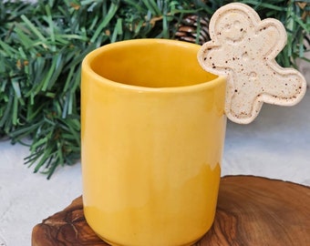 Handmade Yellow Christmas Mug |Cortado Coffee Mug | Ceramic Gingerbread man Mug | Ceramic Christmas Mug |Noel Gift|Drink Coaster Olive Wood