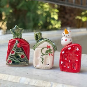 Handmade Ceramic Christmas Village: Miniature Holiday Figurines (Set of 3)