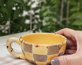 Handmade Checkered Yellow and Brown Mug|Ceramic checkered coffee mug|Funny Kitchen |Checkered coffeecup for collection