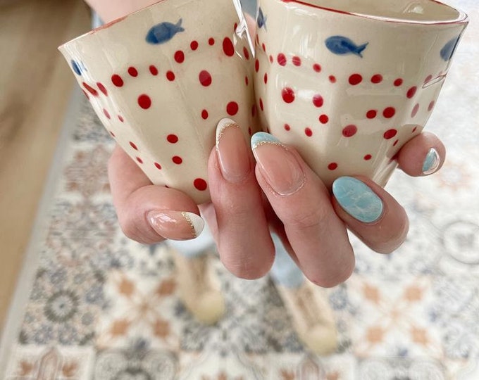 Handmade Ceramic Espresso Mug Set: Fish & Polka Dot Design