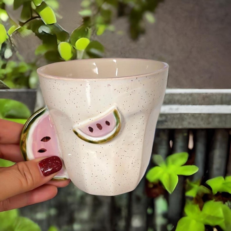 Watermelon Handmade Ceramic Mug Tropical Beach Mug Ceramic Watermelon Mug Pink Coffee Mug image 3