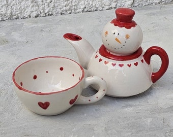 Ceramic Snowman Teapot Set of 2| RedMug with snowman teapot |ceramic coffee set| Ceramic Snowman Set of 2|TeaCupSet|Cottage Core