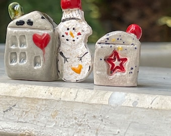 Ceramic Handmade Tiny Houses set of 2|whimsical art |handmade miniature xmas house|collectible figurine|ceramic tiny house|Ceramic Snowman