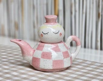 Ceramic Checkered Pink Teapot|Handpainted Checkered Teapot|Funny Kitchen|Checkered Brewing Pot|Gift for tealover
