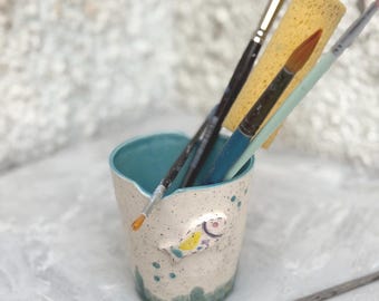 Handmade Ceramic Paint Brush Holder: Watercolor Artist Cup with fish design