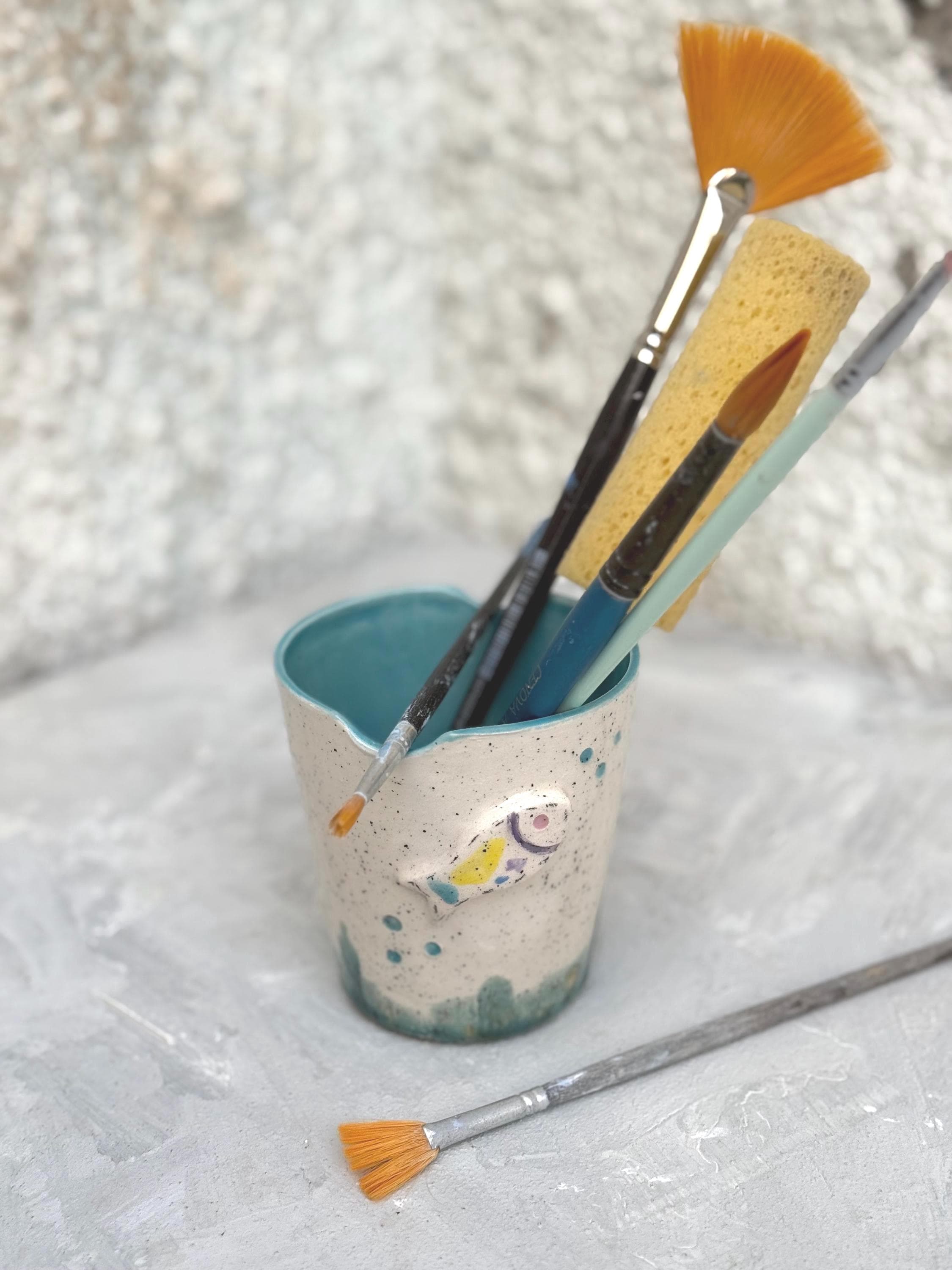 Handmade Ceramic Paint Brush Holder: Watercolor Artist Cup with fish…