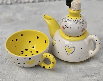 Ceramic Yellow Teapot and Mug|Yellow Polka Dot Mug and teacup| Miniature house-shaped ceramic yellow teapot set