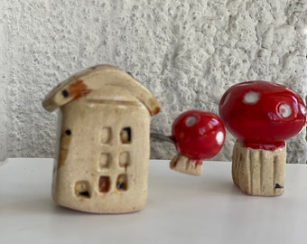 Ceramic Handmade Tiny Houses set of 2|whimsical art |Ceramic tiny house with mushroom|miniature houses|Collectible Figurines