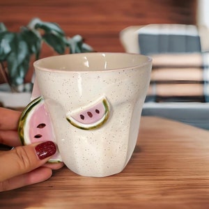 Watermelon Handmade Ceramic Mug Tropical Beach Mug Ceramic Watermelon Mug Pink Coffee Mug image 2