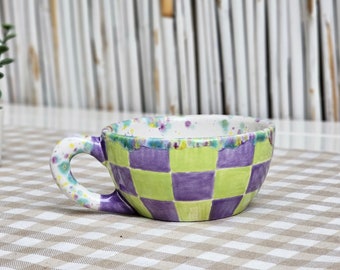 Handmade Checkered Purple and Green Mug|Ceramic checkered coffee mug|Funny Kitchen |Checkered coffeecup for collection