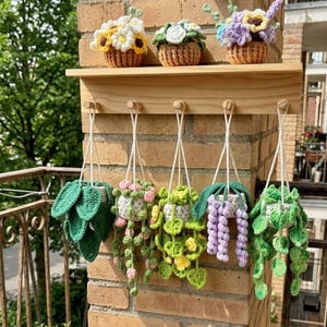 Puede incluir: Una colección de plantas y flores hechas a mano con ganchillo. La imagen muestra varias macetas colgantes con hojas verdes y enredaderas, junto con flores en macetas en cestas. La paleta de colores incluye verde, amarillo, rosa y morado.