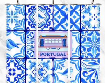 Portuguese Blue Tile Tumbler – Lisbon Tram Souvenir Stainless Steel Travel Cup