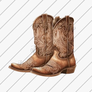 May include: A pair of brown cowboy boots with intricate floral embroidery. The boots have a pointed toe and a high heel.