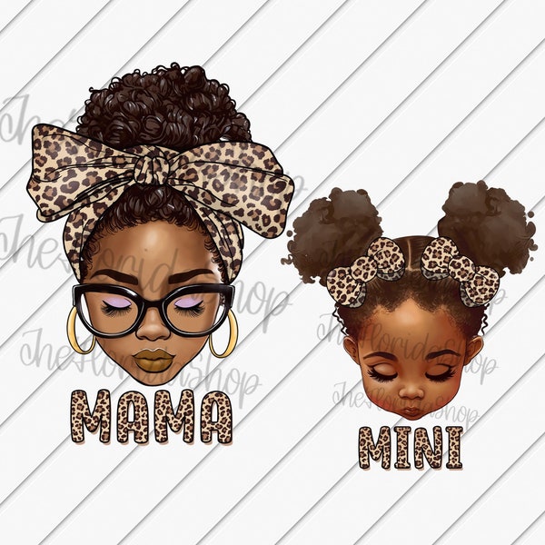 Mama and Mini png, Afro Messy Bun, Mom png, Little Girl png, Sublimation Designs Downloads, Leopard Print, DTG Files, Black Women Png