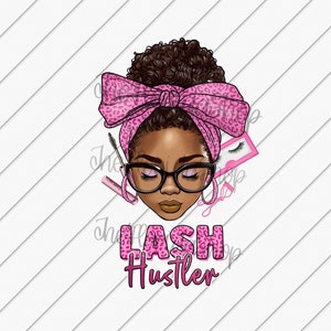 May include: Illustration of a woman with a pink leopard print headband and glasses. The text "LASH Hustler" is below the image.