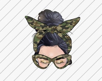 Zielony kamuflaż Messy Bun png, Pobieranie projektów sublimacji, Kamuflaż png, Plik sublimacji, Pliki DTG, Czarne włosy