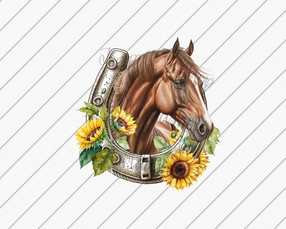 Horseshoe Horse png, Sunflower png, Western Horseshoe, Sublimation Designs Downloads, DTG Files, Western Sublimation, Brown Horse png