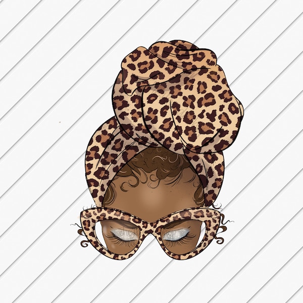 Sublimation Designs, Leopard Print Afro Messy Bun With Head Scarf, Thanksgiving Sublimation, DTG Files, Black Women Png