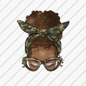 May include: A digital illustration of a woman with brown curly hair wearing a camouflage headband and glasses. The headband is tied in a bow at the top of her head.