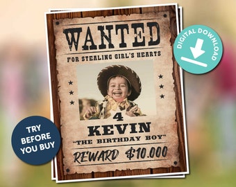 Wanted Poster Template | Most Wanted Poster Digital | Kid Birthday Poster | Edit, Download, Print at Home