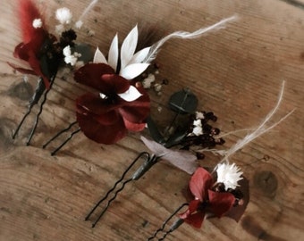 Trio of Floral Hair Pins - Dried & Preserved Flowers - Boho Wedding Hair Accessory - Custom Made