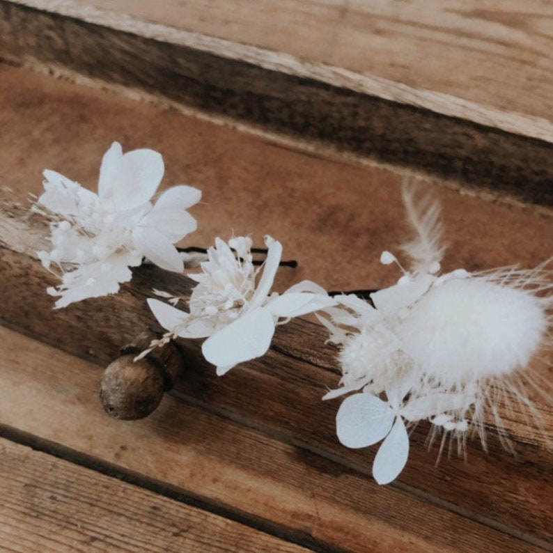 Pic à cheveux épingle fleurie fleurs séchées et stabilisées Accessoire mariage coiffure Collection blanche mariée témoins demoiselle d'honneur - Labo Sauvage