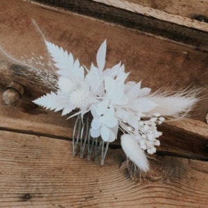 Peigne fleurie fleurs séchées et stabilisées Accessoire mariage coiffure Collection blanche mariée témoins demoiselle d'honneur - Labo Sauvage