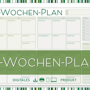 Könnte beinhalten: Ein druckbarer 4-Wochen-Planer in grün-weißem Farbschema. Der Planer hat Abschnitte für jeden Tag der Woche, einschließlich Montag, Dienstag, Mittwoch, Donnerstag, Freitag, Samstag und Sonntag. Er enthält auch eine To-Do-Liste und einen Notizbereich.