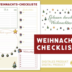 Könnte beinhalten: Eine Weihnachts-Checkliste mit dem Titel "WEIHNACHTS-CHECKLISTE" in Rot. Die Checkliste enthält Abschnitte für "To do", "Geschenke" und "Notizen", mit dekorativen Weihnachtsbaum- und Ornament-Illustrationen. Der Satz "DIGITALES PRODUKT" ist ebenfalls sichtbar.