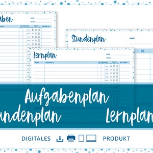 May include: Three printable planner templates in blue and white with a polka dot border. The templates are for a to-do list, a schedule, and a learning plan. The text on the templates reads "Aufgaben", "Stundenplan", and "Lernplan".