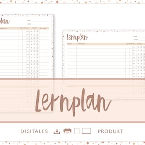 Puede incluir: Una plantilla de plan de aprendizaje imprimible con un fondo marrón claro y un patrón moteado. La plantilla se titula "Lernplan" y tiene columnas para la materia, los objetivos de aprendizaje, las fechas, el estado y las notas.
