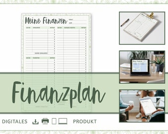 May include: A printable digital download for a financial planner. The planner has sections for income, expenses, and savings. The image shows a laptop, a tablet, and a printed copy of the planner.