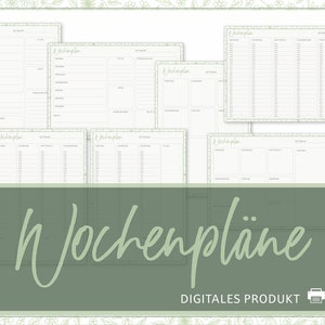 Könnte beinhalten: Ein Satz druckbarer Wochenplanvorlagen mit grünem floralem Rand und dem Text "Wochenpläne DIGITALES PRODUKT" unten.