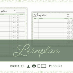 Könnte beinhalten: Zwei druckbare Lernplan-Vorlagen mit grünem floralem Rand. Die Vorlagen haben Abschnitte für Name, Datum, Thema, Lernziele, Zeitaufwand, Status und Notizen. Der Text "Lernplan" ist in Kursivschrift oben auf jeder Vorlage geschrieben.