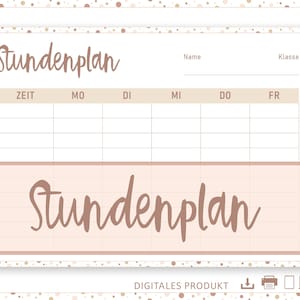 Può includere: Un modello di programma stampabile con sfondo rosa chiaro e un motivo a coriandoli dorati. Il modello è intitolato "Stundenplan" e include spazi per l'ora, il giorno della settimana, il nome e la classe.