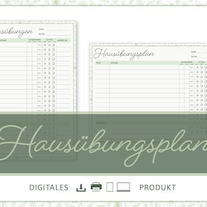 Könnte beinhalten: Druckbarer Hausaufgabenplaner mit grünem floralem Rand und dem Text "Hausübungen" und "Hausübungsplan".