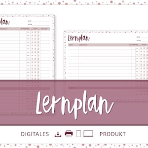 Könnte beinhalten: Zwei druckbare Lernplan-Vorlagen mit einem rosa-gepunkteten Rand. Die Vorlagen sind mit "Lernplan" betitelt und haben Spalten für Thema, Lerninhalt, Datum, Status und ein Kontrollkästchen für die Erledigung.