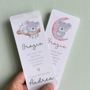 Segnalibro Battesimo con koala, segnaposto eucalipto, segnaposto tavola Comunione, segnalibro Cresima, omaggio ospiti